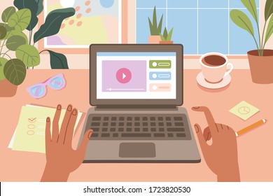 Stay at home, study and work remotely. Coronavirus quarantine. Vector illustration in flat simple style - top view, hands, desk with laptop with video class and conference - online education