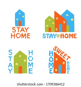 Stay at home, sweet home. Vector cut set logos, illustrations and icons. Hand drawn motivation symbols