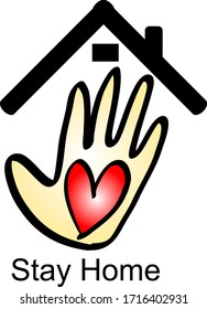 Stay at home symbol with heart, hand and house vector icon. Stayhome campaign for pandemic coronavirus outbreak prevention.