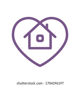 Stay at home symbol. Icon of house with heart shape within. Line art.
