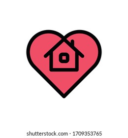 Stay at home symbol. Icon of house with heart shape within. Line art.