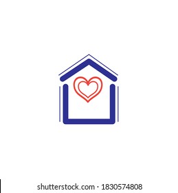 Stay at home, the symbol for the prevention of coronavirus, the design of the house icon and two hearts