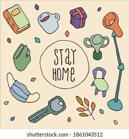 Stay home. Table lamp, book, coffee mug, key, medical mask, chair, wallet. Colored square card in doodle style. Decor interior. Vector EPS 10