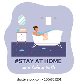 Stay at home and take a bath. Quarantine self-isolation at home. Prevention of covid-19 or coronavirus. Virus outbreak. People staying safe, careful. Home activities, leisure during world epidemic