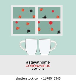 ''stay at home'' text with home and coffee cup vector background. Corona virus microbe template design