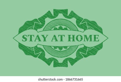 Stay at home text inside Green stroke emblem. Eco fancy background. Intense illustration. 