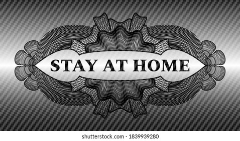 Bleiben Sie zu Hause Text in Linear Kohlefaser dunkles Emblem. Polymerstruktur-modischer Hintergrund. Intensive Illustration. 