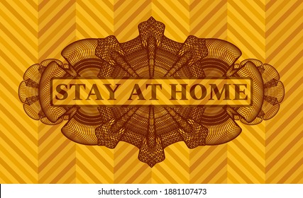 Manténgase en casa con texto dentro del emblema realista naranja lineal. Fondo geométrico elegante. Ilustración. 
