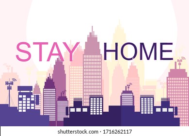 "STAY HOME" text on cityscape view at sunset.