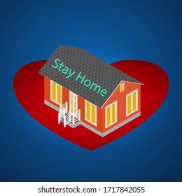 Stay at home text on house. Stay home during the coronavirus epidemic. Virus prevention concept. Stock vector illustration on blue background.