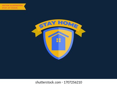 Stay at home text in ribbon with shield. Stay home quote text, hash tag or hashtag.. Self isolation appeal as sign or symbol. Virus prevention concept. Vector illustration.