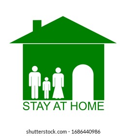 Stay at home text under house roof. COVID 19 or coronavirus protection campaign logo. Self isolation appeal as sign or symbol. Virus prevention concept. Vector illustration. Green logo