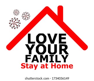 Stay at home text under house roof with corona virus above roof which tell about COVID 19 or coronavirus protection. Virus prevention concept. Vector illustration