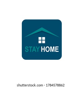 Stay at home text under house roof . COVID 19 or coronavirus protection campaign logo. Self isolation appeal as sign or symbol. Virus prevention concept. Vector illustration.