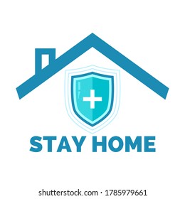 Stay at home text under house roof with heart above chimney. COVID 19 or coronavirus protection campaign logo. Self isolation. Vector illustration.