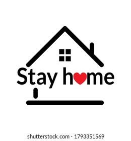 Stay at home text under house roof. COVID 19 or coronavirus protection campaign logo. Self isolation appeal as sign or symbol. Virus prevention concept. Vector illustration.