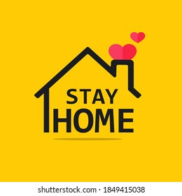 Stay home text under house roof with heart above chimney. COVID 19 or coronavirus protection campaign logo. Vector illustration