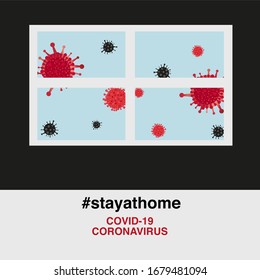 ''stay at home'' text with home with window vector background. Corona virus microbe template design