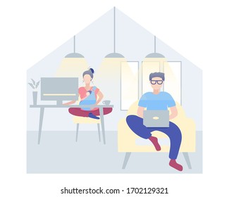 Stay at home together with family due to corona virus prevention. Vector illustration of woman, man and children at home. Work from home. Self quarantine.