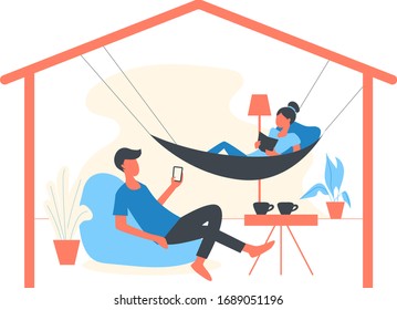 Stay at home together with family/ spouse/ partner due to corona virus prevention. Vector Illustration woman reading book. staying together. Couple chilling together. Self quarantine.