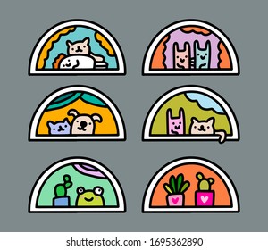Stay home together infection covid-19 coronavirus protection around the world hand drawn illustrations in cartoon comic style people plants domestic animals vibrant