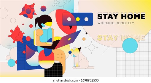 Stay home trendy illustration with home office and remotely working woman or online education and study. Pet, laptop and coronavirus cells. Quarantine self isolation freelancer. Eps10 vector