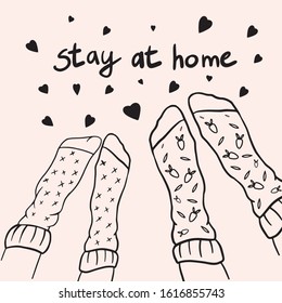 Stay at home. Two pairs of legs. Lovers. Drawing of cosiness and love. Linear doodle illustration.