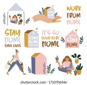 Stay home typography concept. Quarantine due to coronavirus. Isolation days poster. Girl takes care for houseplants. Lettering for social media, banners, web, card, stickers.