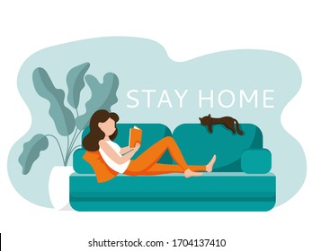 Stay home vector banner. Girl with a book on the couch, a cat is sleeping nearby. Home cozy flat illustration.