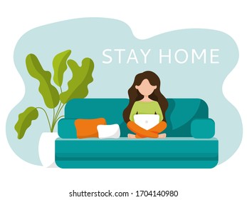 Stay home vector banner. Girl with a laptop sits on a sofa. Home cozy atmosphere. Flat illustration