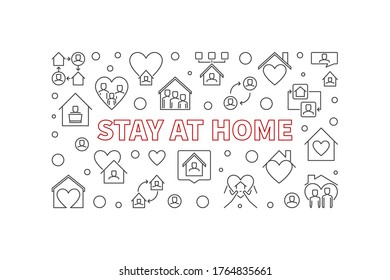 Stay at Home vector concept minimal horizontal banner or illustration in outline style