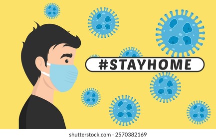 Stay home vector content on a white background. #stayhome background. man wearing mask.