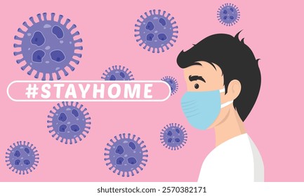 Stay home vector content on a white background. #stayhome background. man wearing mask.