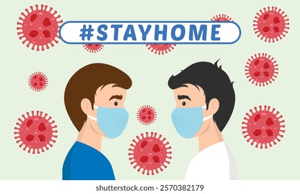 Stay home vector content on a white background. #stayhome background. man wearing mask.