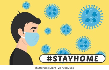 Stay home vector content on a white background. #stayhome background. man wearing mask.