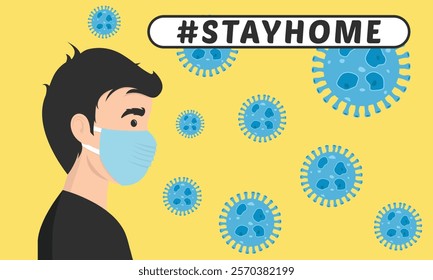 Stay home vector content on a white background. #stayhome background. man wearing mask.