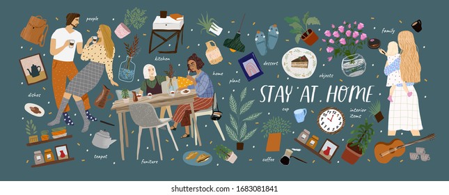 Stay at home! Vector cute illustration of Coronavirus quarantine, self isolation. Cozy interior furniture, family, couple, dishes, plant, isolated home objects set. Drawings for banner, card, postcard