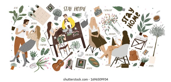 Stay at home! Vector cute illustration of Coronavirus quarantine. Family, couple in cozy interior home isolation - furniture, dishes, plant, isolated objects set. Drawings for banner, card, postcard