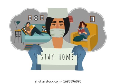 Stay home. Vector flat illustration with doctor and quarantined people at home.