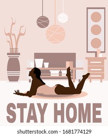 Stay home. Vector  hand drawn illustration of lying girl in the room.  Creative artwork. Template for card, poster, banner, print for t-shirt, pin, badge, patch.