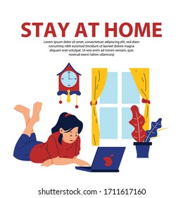 Stay at home vector illustration awareness - Women work from home - Lifestyle activity that you can do at home to stay healthy concept to fight pandemic, Flat design illustration