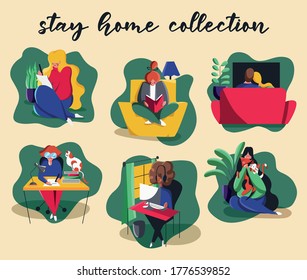 Stay home vector illustration collection for inspiration, business, corporate. Made during Covid-19 quarantine.