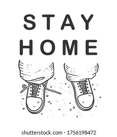 Stay at home vector illustration concept, hand drawn illustration of close up feet wearing sneakers shoes with untied lace on one shoe standing on the ground