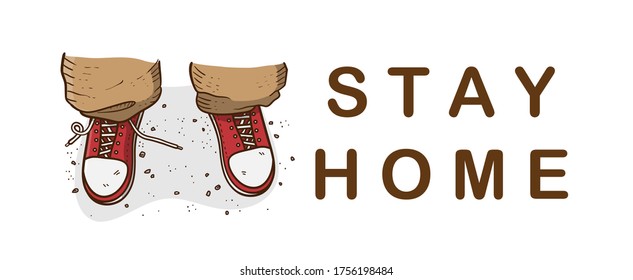 Stay at home vector illustration concept, hand drawn illustration of close up feet wearing red sneakers with untied lace on one shoe standing on the ground