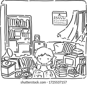 Stay home vector illustration, enjoy reading books and listening music, relax at home