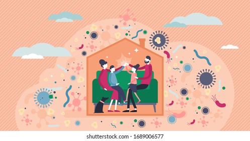 Stay Home Vector Illustration. Family Inside House Tiny Persons Concept. Corona Virus Covid-19 Transmission Risk Prevention By Not Going Outside. Health Protection From Dangerous Microbe Environment.