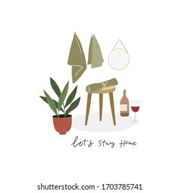 Stay Home - ilustración vectorial en estilo plano. Cuarentena, permanezca en la impresión vectorial de casa con plantas domésticas. Afiche del minimalismo abstracto hecho a mano en estilo moderno. 