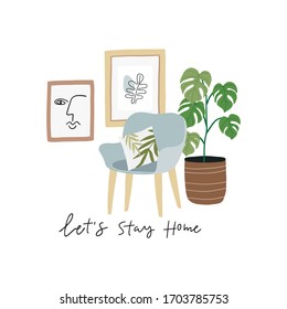 Stay Home - vector illustration in flat style. Quarantine, stay at home vector print with Home plants. Hand drawn Abstract minimalism poster in modern style. 