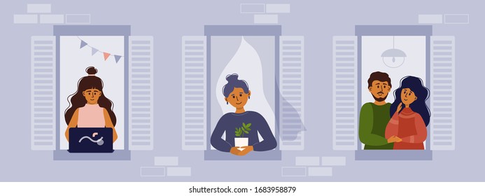 Stay home vector illustration. House facade with windows and neighbors. People look out of apartment, working and smiling. Self isolation, coronavirus quarantine concept. Flyer stay at home save life.