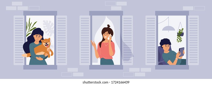 Stay at home vector illustration. House facade with windows and smiling neighbors. People stay in apartment. Man reading book, girl playing with dog, woman making call. Quarantine coronavirus lockdown